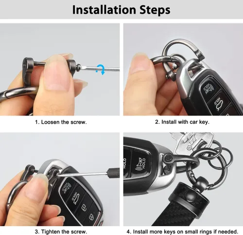 Miniatura 5 de QBUC Llavero de coche estilo fibra de carbono, llavero portallaves de cuero de microfibra para hombres y mujeres, con giratorio de 360 grados, Negro