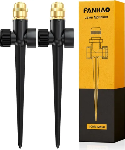 FANHAO Aspersor de metal para patio, paquete de 2 rociadores automáticos de agua para jardín en base de punta, boquilla de rociador de latón