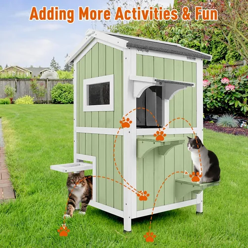Miniatura 7 de Casa cálida aislada para gatos de 2 pisos, refugio resistente a la intemperie para gatos con 2 plataformas, capas térmicas, 2 puertas de escape
