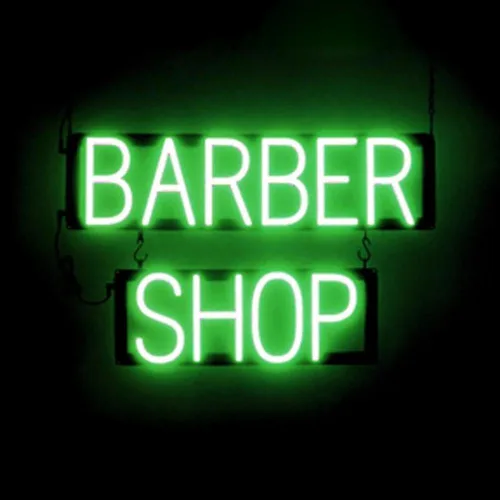 SpellBrite Letrero de BARBER SHOP | Letrero relacionado con la peluquería con aspecto de neón, fuente de luz LED verde | 23.8 x 15.0 pulgadas