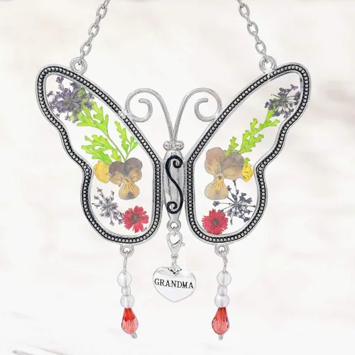 Miniatura 8 de Mariposa de la abuela que atrapa el sol con alas de flores a presión incrustadas en vidrio con borde de metal. Encanto del corazón de la abuela.
