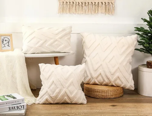 Miniatura 4 de Juego de 2 fundas de almohada de piel sintética beige de 16x16, funda de almohada decorativa de cuadros suave estilo boho para sofá, cama, sala