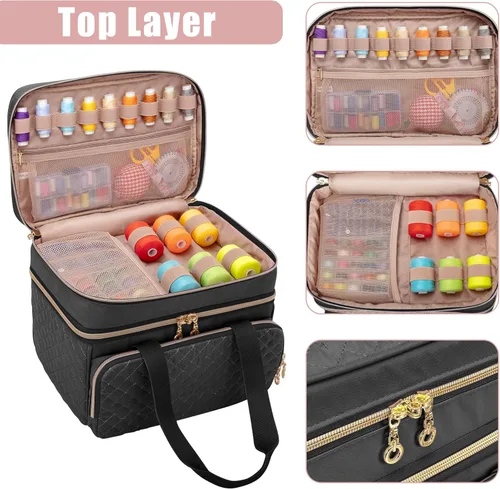 Miniatura 3 de YARWO Organizador de suministros de costura de doble capa con 5 divisores personalizados, bolsa de almacenamiento portátil para accesorios de Negro