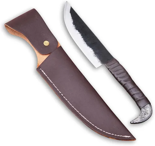 LEONA CRAFT® Cuchillo de caza fijo hecho a mano | Cuchillo vikingo nórdico de cabeza de cuervo Odin's con funda de cuero, hoja de acero al carbono