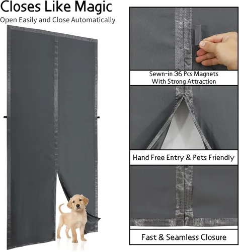Miniatura 5 de Cortina Magnética con Aislamiento Térmico para Puerta, Cortinas de Puerta de Tela en Capas Más Gruesas con Cierre Automático, Cortinas Térmicas