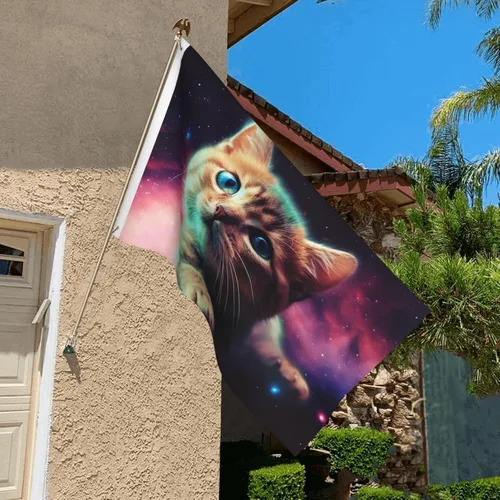 Miniatura 5 de Bandera de jardín impresa con diseño de gato y galaxia de 3 x 5 pies, bandera para exteriores, bandera de brisa, banderas a prueba de decoloración