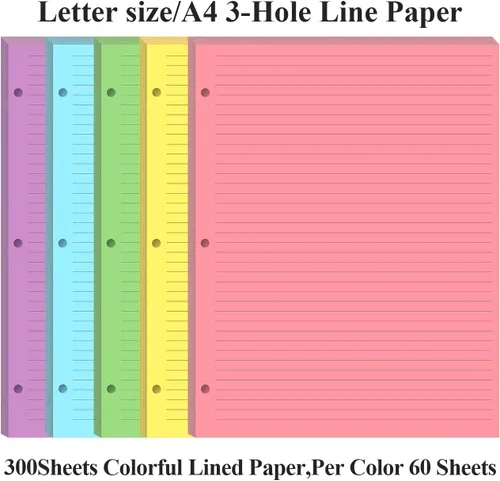 Miniatura 2 de Papel rayado colorido de 3 agujeros, 100 hojas/200 páginas, recambios de líneas de papel de hojas sueltas, 20 hojas por color, 8.5 x 11 pulgadas