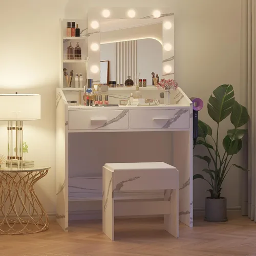 Miniatura 6 de Patikuin Escritorio de tocador con espejo y luces para dormitorio, mesa de maquillaje moderna de mármol blanco con 2 cajones, 3 modos de luz y LED