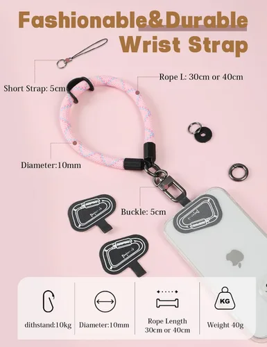 Miniatura 3 de Correa de mano para muñeca, 2 parches para teléfono, soporte para teléfono celular, correa de muñeca para llaves, AirPods, cámara (rosa, 12 pulgadas)