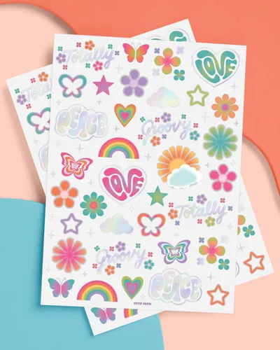 Miniatura 2 de xo, Fetti Tatuajes temporales Groovy Rainbow – 68 piezas de papel de aluminio iridiscente Accesorio de cumpleaños de los años 70, recuerdo
