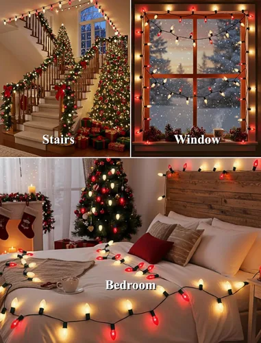 Miniatura 7 de Luces de Navidad C9 rojas y blancas de 25 pies, cadena de luces de Navidad C9 impermeables con 26 bombillas rojas y blancas, luces de Navidad Luz