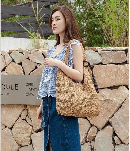 Miniatura 6 de Bolso de hombro de paja grande suave tejido a mano con borlas negras Boho paja asa tote retro verano playa bolsa de ratán bolso