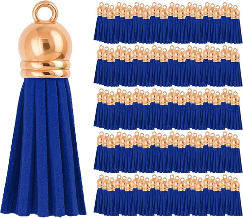 Miniatura 33 de Mandala Crafts 100 borlas de gamuza sintética color aguamarina con tapa dorada, suministros para hacer llaveros a granel, pequeñas borlas de cuero