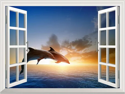 Miniatura 2 de wall26 Mural de pared extraíble – Hermosa pareja saltando delfines en el mar puesta de sol creativa vista de ventana decoración del hogar/decoración