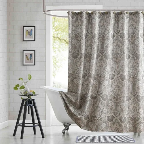 Miniatura 16 de Cortina de ducha larga de tela, cortinas de ducha de damasco bohemio con estampado de paisley en vino burdeos y oro amarillo, cortinas impermeables