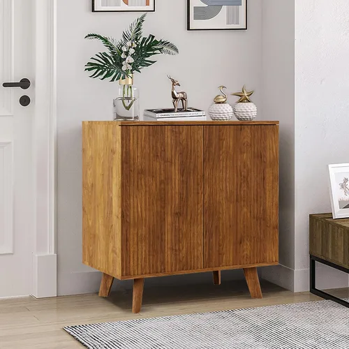 Miniatura 6 de Armario de almacenamiento estriado, aparador de buffet moderno con estantes ajustables, aparador independiente con puertas dobles, armario Nogal