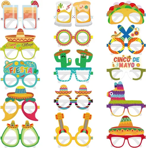 Fancy Land 15 piezas de decoración de fiesta mexicana, anteojos de papel del Cinco de Mayo, lentes de papel, accesorios para cabina de fotos,