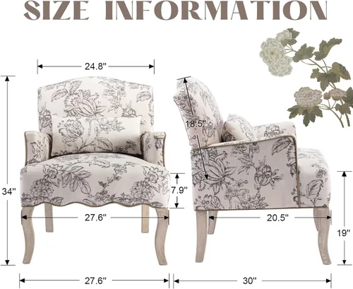 Miniatura 2 de Silla decorativa floral cómoda de tela, cómoda silla de lectura tapizada moderna con almohada extraíble con respaldo alado para sala de estar, Beige