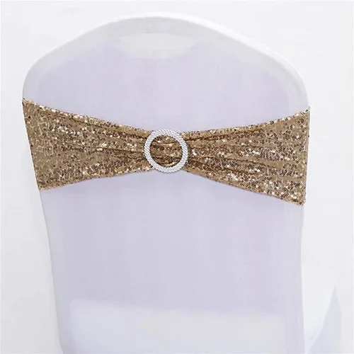 Miniatura 14 de Fajas de lentejuelas para sillas de elastano, paquete de 6 bandas elásticas de lentejuelas con hebilla para bodas, banquetes, cumpleaños, Oro rosa