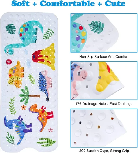 Miniatura 3 de GDV Tapete de baño para bebé para niños, tapete de baño extra grande de 40 x 16 pulgadas, antideslizante, con dibujos animados, con ventosas