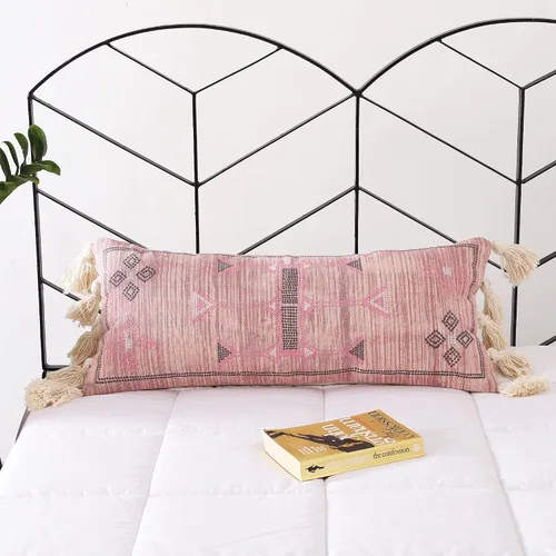 Funda de almohada lumbar extra larga (12 x 28 pulgadas) | Funda de almohada rosa de seda de cactus tejida a mano | Funda de cojín bohemia de