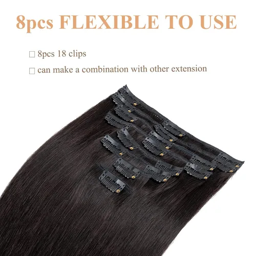 Miniatura 4 de Extensiones de cabello humano 100% remy de 10 a 24 pulgadas, con clips, calidad grado 7A, cabeza completa, 8 piezas, 18 clips; largo, suave, sedoso