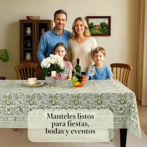 Miniatura 3 de CPC - Mantel cuadrado 100% algodón, 60 x 60 pulgadas, estampado de bloques indios, mantel para bodas, primavera/verano, barbacoa, verde ágata