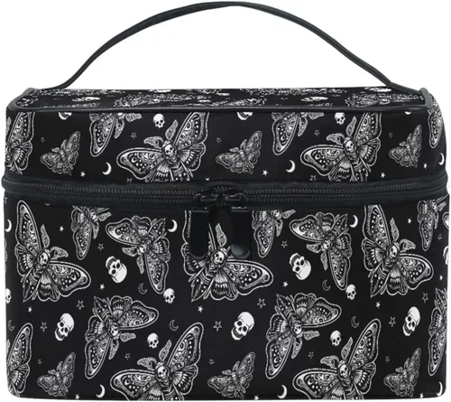 Miniatura 37 de Bolsa de Maquillaje, Estuche de Maquillaje Organizador de Viaje con Diseño de Calavera y Flores, Estuche de Cosméticos, Bolsas de Aseo para Niñas