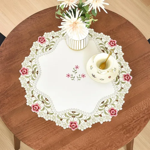 Wolkemer Paquete de 2 Tapetes Decorativos (Doilies) Redondos Pequeños Bordados Mantel Individual de Encaje Cubierta de Mesa Vintage Beige Funda para