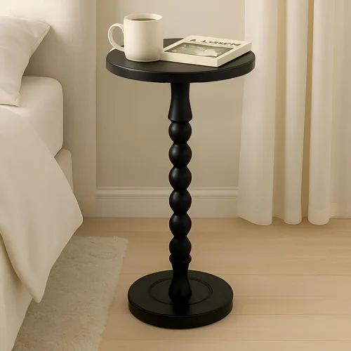 Miniatura 4 de Mesa auxiliar redonda para espacios pequeños, mesa de bebidas con pedestal de madera de roble, mesa auxiliar moderna para sala de estar, dormitorio