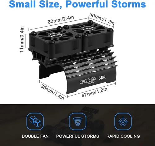 Miniatura 7 de Ventiladores de enfriamiento de motor de coche RC Surpass Hobby Ventilador doble de 30 mm con disipador de calor metálico 3650 3660 540 550