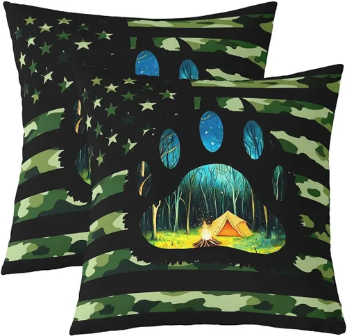 Erosebridal American Flag Cushion Cases 16x16 Inch Set of 2 Army Green Camo Throw Pillow Covers Bear Claw Hunting Theme Pillow Covers Camoflage