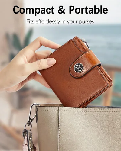 Miniatura 4 de BOSTANTEN Cartera de cuero para mujer, pequeña, con bloqueo RFID, bolsillo con cremallera, tarjetero con ventana de identificación, 1- marrón