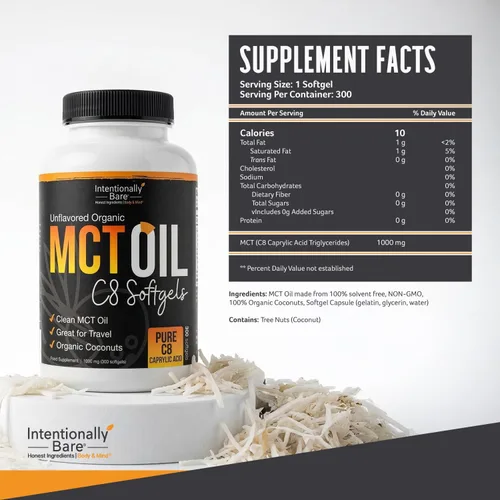 Miniatura 2 de Intentionally Bare Cápsulas de aceite MCT C8 puro orgánico – 99.2% C8, .8% C10 MCT pastillas – Energía sostenida, estado de ánimo y enfoque