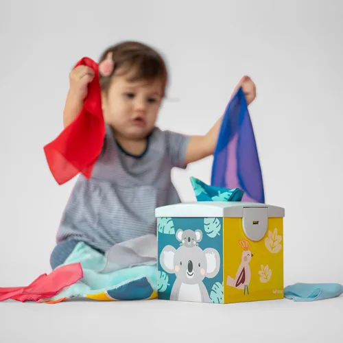 Miniatura 10 de Taf Toys Caja de Pañuelos Sensoriales Arrugados para Niños Pequeños. Juguete STEM Montessori con Pañuelos Suaves Coloridos y Mantitas Crujientes