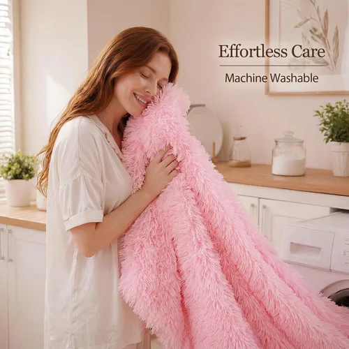 Miniatura 7 de Smoofy Juego de edredón esponjoso de tamaño Full, juego de edredón rosa de piel sintética, juego de ropa de cama mullido de lujo, juego de ropa
