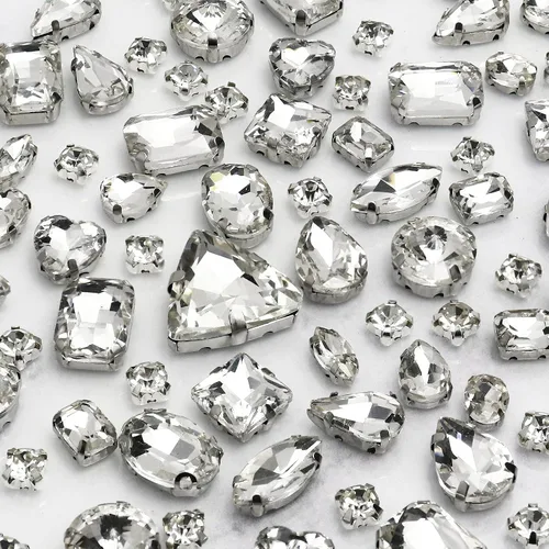 Dowarm Diamantes de Imitación Blancos para Coser 104 PCS Formas Mixtas Cristales de Vidrio para Coser para Manualidades Piedras Preciosas de Metal
