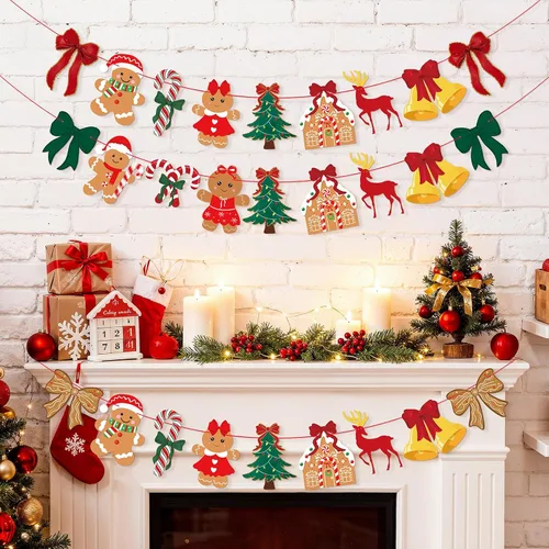Miniatura 4 de 3 unidades de pancarta de Navidad con lazo vintage, lazos verdes y rojos, árbol de Navidad, árbol de Navidad, hombre de jengibre, guirnalda