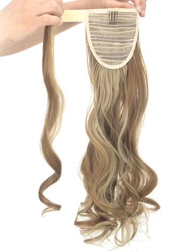 Miniatura 5 de Lelinta Extensión de cola de caballo rizada ondulada de 18 pulgadas para mujer, extensión de pelo sintético rubio ceniza mezcla Giner