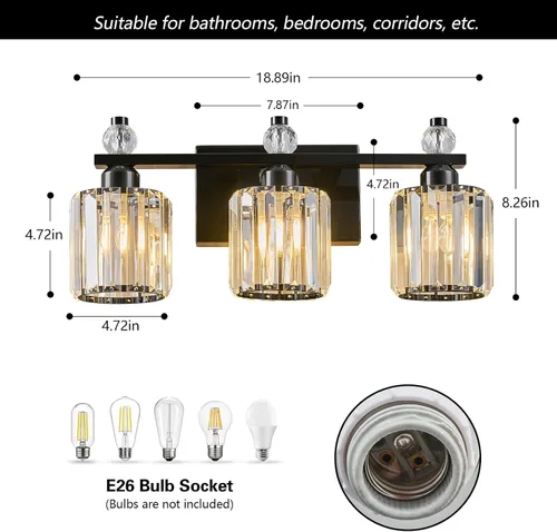Miniatura 5 de Luces de Tocador de Baño de 3 Luces, Placado Negro, Modernas Luces de Tocador de Cristal para Baño, Luces de Tocador de Cristal para Usar Sobre