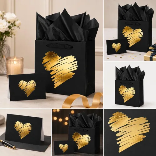 Miniatura 5 de ysmile Pequeña bolsa de regalo negra con papel de seda para hombres, fiesta de cumpleaños, aniversario, día del padre, 7.8 pulgadas, corazón dorado
