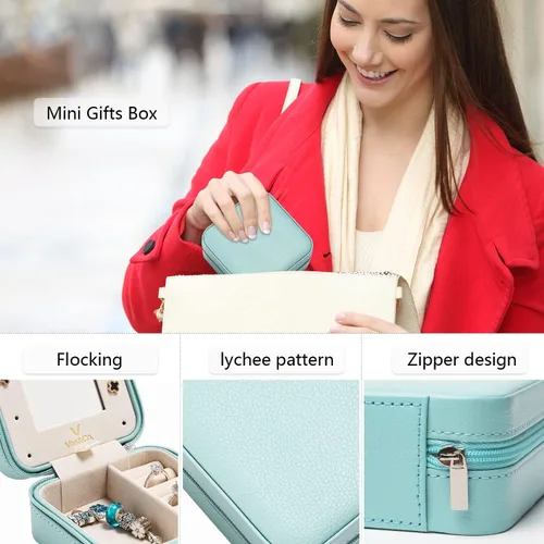 Miniatura 4 de Vee - Estuche pequeño para joyas de viaje mini organizador de joyas con espejo portátil caja de joyería para aretes anillos collares pulseras