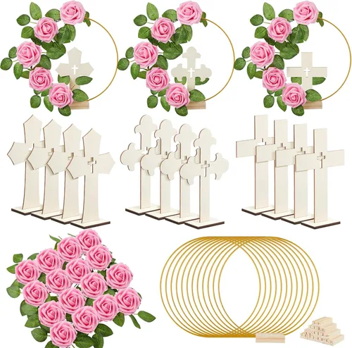 Miniatura 12 de Wesiti 48 piezas Centro de mesa para bautizo, decoración de mesa para primera comunión, 12 cruces de madera, 12 aros florales con soporte, 24 rosas