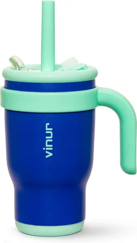 Miniatura 25 de VINUR Vaso para niños con asa - 14 oz de acero inoxidable con aislamiento al vacío de doble pared con tapa y pajita, vaso de agua de viaje