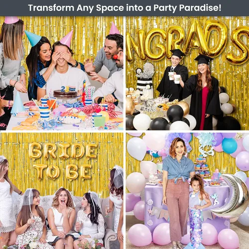 Miniatura 5 de RFAQK Paquete de 5 cortinas de flecos de papel de aluminio dorado de 3.3 x 8.2 pies para decoraciones de fiesta de cumpleaños, telón de fondo dorado