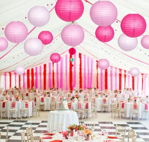 Miniatura 7 de Faroles de papel decorativos, faroles chinos redondos colgantes rosados con luces para compromiso, despedida de soltera, fiesta de cumpleaños, 12