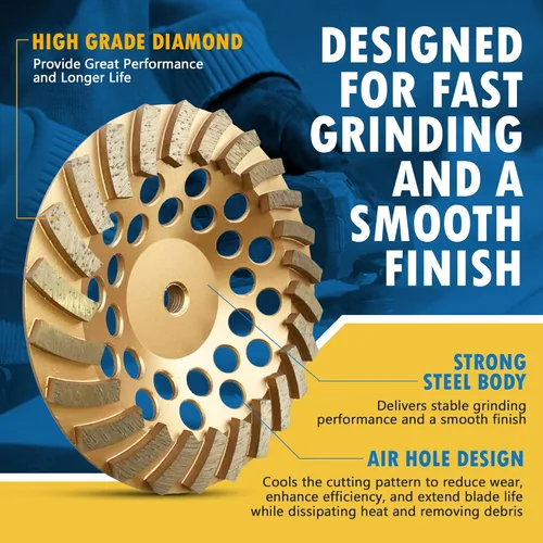 Miniatura 3 de Ruedas de molienda de diamante de 5 pulgadas para hormigón o mampostería, 18 segmentos turbo, grano #30/40, unión media, eje de 5/8"-11