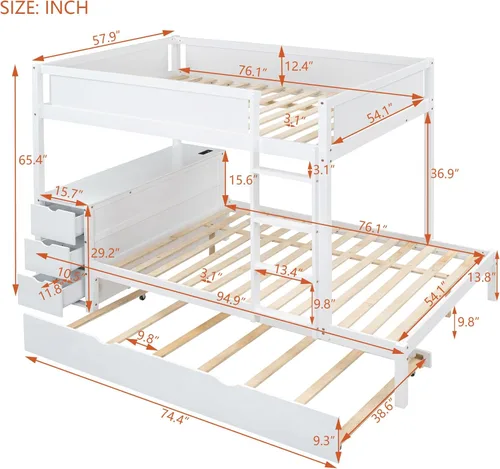 Miniatura 2 de Litera de tamaño matrimonial con escritorio debajo de la cama, cama nido de tamaño individual y cajones de almacenamiento, no necesita somier Blanco