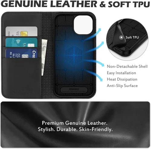 Miniatura 3 de SHIELDON Funda para iPhone 15 6.1" 2023, Funda Tipo Cartera de Cuero Genuino con [Soporte] [Tarjetero con Bloqueo RFID] [Magnética] Cubierta