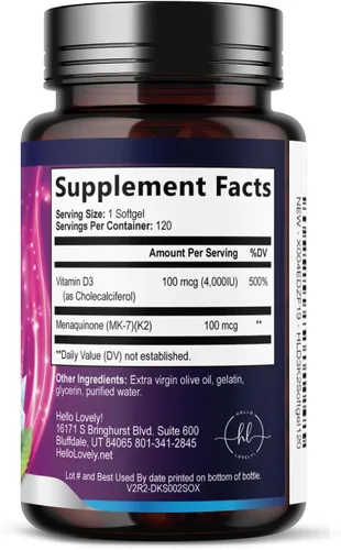 Miniatura 8 de Vitamina D con K2 (MK-7) – Vitamina D3 4000IU (125 mcg) por porción – Suplemento complejo D3K2 para huesos, dientes, músculos, absorción de calcio